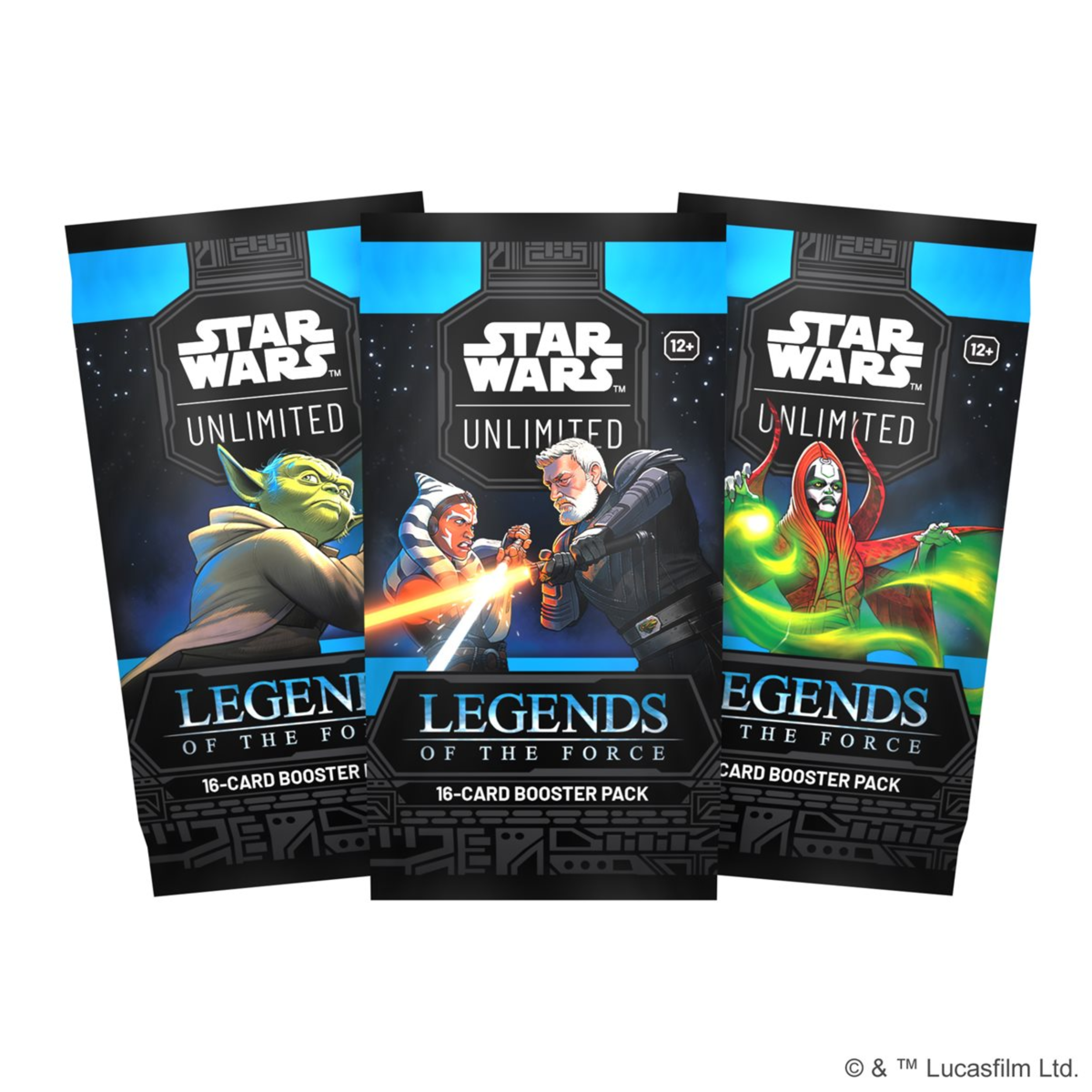 An Image containing 3 Booster Packs of Legends of the Force. Each containing diffrect art.